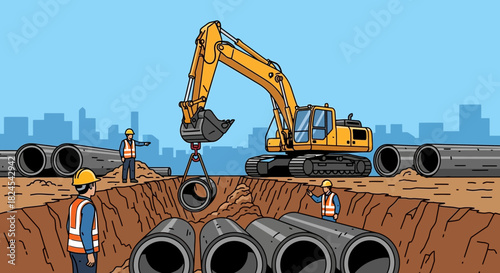 Illustration of a screening plant separating materials into piles.