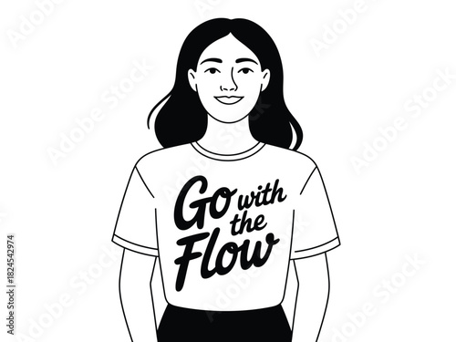 A young woman smiles while wearing a t-shirt that says "Go with the Flow."