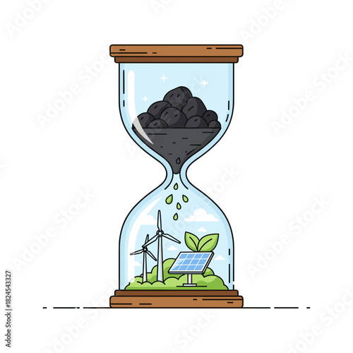Hourglass with coal and renewable energy symbols representing Climate Change  
