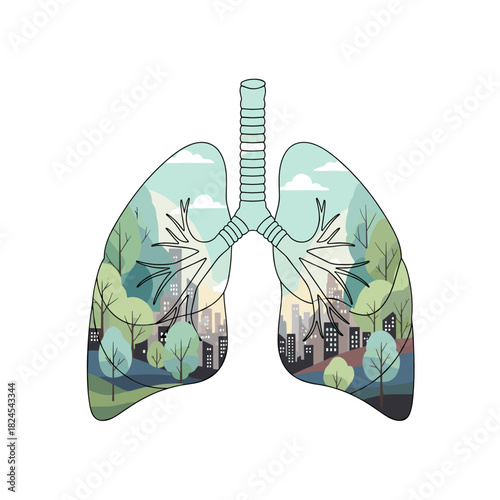 Human lungs silhouette filled with trees and cities representing Climate Change  