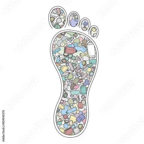 Human footprint filled with microplastic and waste representing Climate Change  