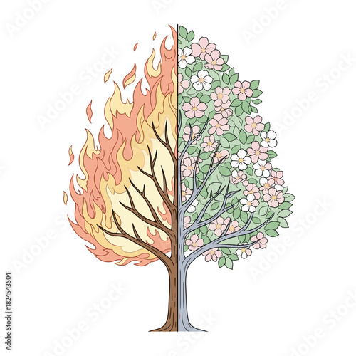 Tree divided between fire and flowers symbolizing Climate Change  