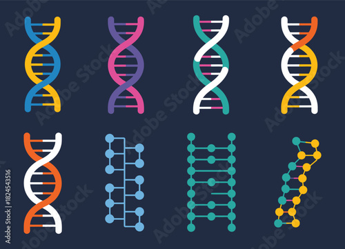 DNA genetic sign elements and icons collection, featuring isolated DNA pictograms, molecular structure symbols, scientific vector design