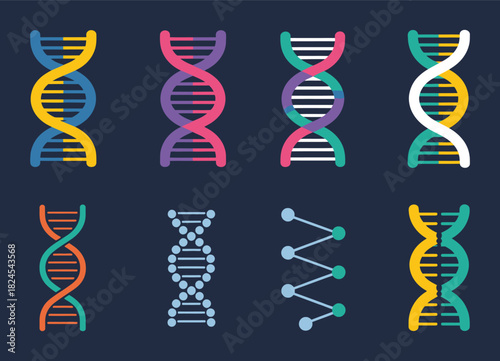 DNA genetic sign elements and icons collection, featuring isolated DNA pictograms, molecular structure symbols, scientific vector design