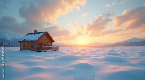 Fototapeta Naklejka Na Ścianę i Meble -  A snow-dusted wooden cabin (with a porch and chimney) rests in a vast, sunlit snowscape; golden sunset, mountains, and frosted pines fill the backdrop.