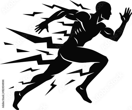 Black Silhouette of a Runner in Motion with Lightning Bolt Streaks