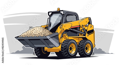 Street sweeper truck cleaning asphalt road with rotating brushes.