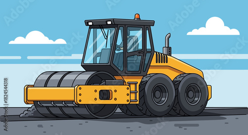 Street sweeper truck cleaning asphalt road with rotating brushes.