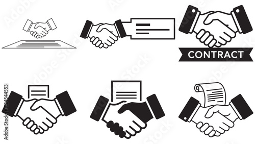 Minimal handshake with contract strip — clean agreement icon for contract signing, corporate deals, and verified partnerships