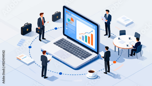 This isometric illustration depicts business professionals collaborating around a large laptop, surrounded by documents and office supplies, representing digital teamwork and corporate workflow.