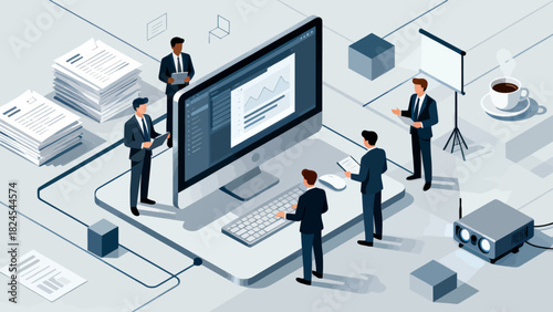 This isometric illustration depicts business professionals collaborating around a large laptop, surrounded by documents and office supplies, representing digital teamwork and corporate workflow.