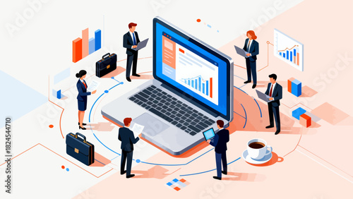 This isometric illustration depicts business professionals collaborating around a large laptop, surrounded by documents and office supplies, representing digital teamwork and corporate workflow.
