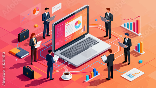 This isometric illustration depicts business professionals collaborating around a large laptop, surrounded by documents and office supplies, representing digital teamwork and corporate workflow.