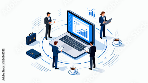 This isometric illustration depicts business professionals collaborating around a large laptop, surrounded by documents and office supplies, representing digital teamwork and corporate workflow.