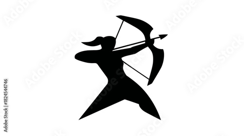 Dynamic black silhouette of a female archer aiming a bow and arrow, representing strength, focus, and precision in sport.
