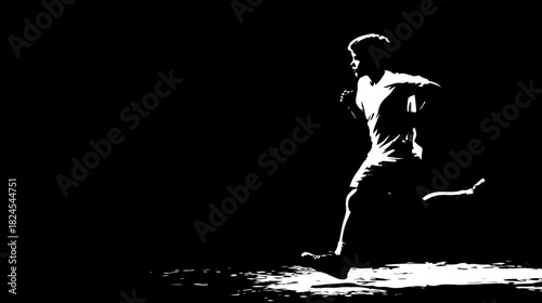 Energetic black and white image of a male athlete running, silhouetted against a dark background, symbolizing speed, effort, and fitness.