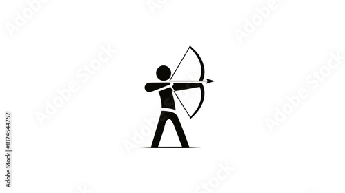 Stylized black stick figure archer aiming a bow and arrow, representing archery sport, precision, goal, target, and competition