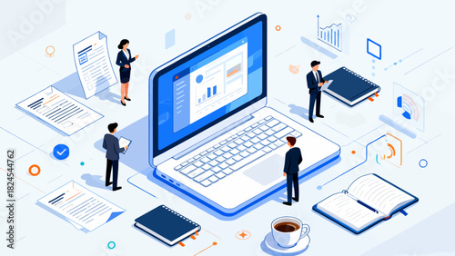 This isometric illustration depicts business professionals collaborating around a large laptop, surrounded by documents and office supplies, representing digital teamwork and corporate workflow.