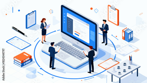 This isometric illustration depicts business professionals collaborating around a large laptop, surrounded by documents and office supplies, representing digital teamwork and corporate workflow.