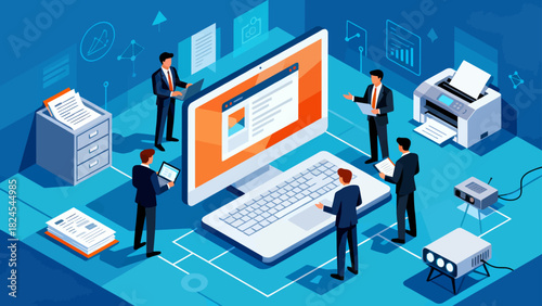 This isometric illustration depicts business professionals collaborating around a large laptop, surrounded by documents and office supplies, representing digital teamwork and corporate workflow.