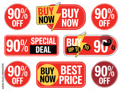 Collection of sale and discount tags, highlighting 90% off and special deals.