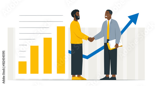 Successful business partnership illustration: Two diverse men shaking hands with financial growth chart and upward arrow background.