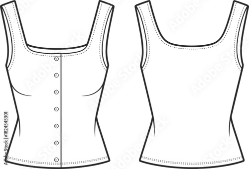 Sleeveless square neckline top fashion sketch, button-down blouse design, technical flat drawing, garment CAD illustration, sewing pattern template, cad drawing flat vector illustration