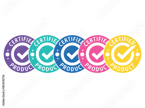A row of certified product stamps in various colors are shown.