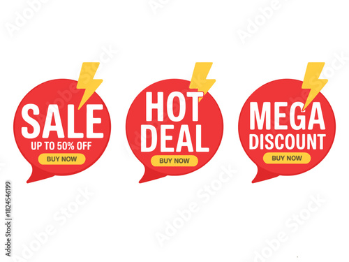 Three red sale tags with lightning bolts and buy now buttons advertising discounts.