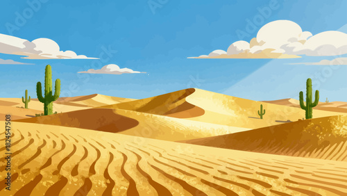 This vibrant desert illustration features golden sand dunes, cacti, a camel caravan, and distant mountains, creating a vivid and iconic arid landscape scene.