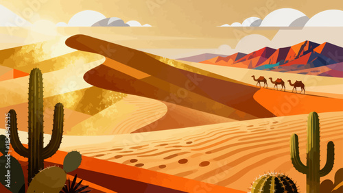 This vibrant desert illustration features golden sand dunes, cacti, a camel caravan, and distant mountains, creating a vivid and iconic arid landscape scene.