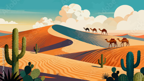 This vibrant desert illustration features golden sand dunes, cacti, a camel caravan, and distant mountains, creating a vivid and iconic arid landscape scene.
