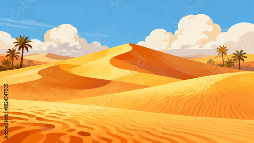 This vibrant desert illustration features golden sand dunes, cacti, a camel caravan, and distant mountains, creating a vivid and iconic arid landscape scene.