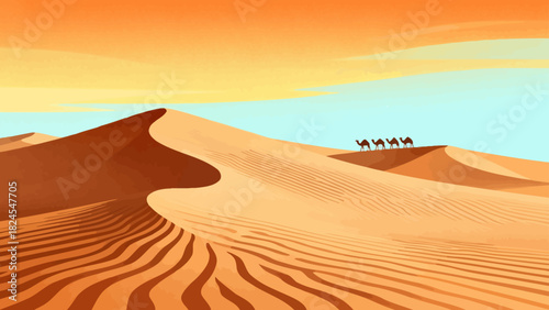 This vibrant desert illustration features golden sand dunes, cacti, a camel caravan, and distant mountains, creating a vivid and iconic arid landscape scene.