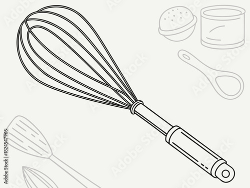 Whisk kitchen tool illustration, cooking utensil for chefs and foodies, perfect for culinary arts designs, modern line art for websites and blogs