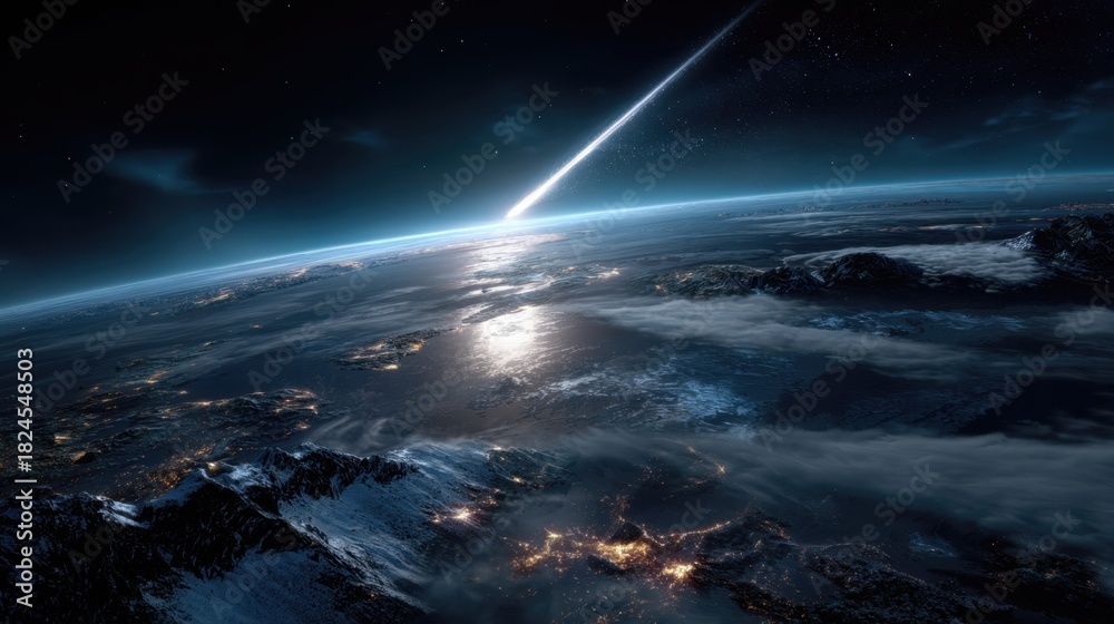 Fototapeta premium Astronomical Impact Event with Bright Meteor or Asteroid Explosion in Space Scene