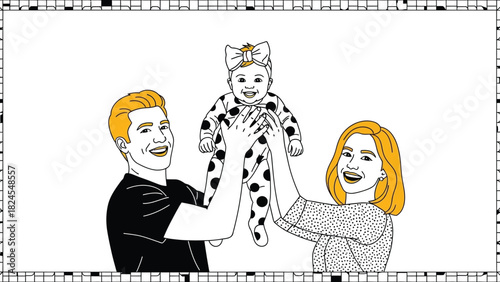Vector portrait illustration of a happy family. Mom, Dad, and the infant child were tossed in the air. Polka dot jumpsuit on a baby with a transparent backdrop.