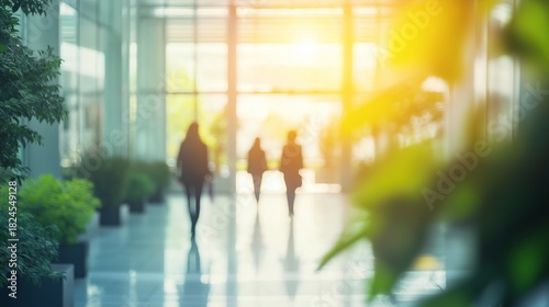 Ecological concept: office building with green trees and people walking to work on blurred background