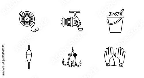 Minimalist fishing gear icons: reel, bucket, floater, hooks, gloves