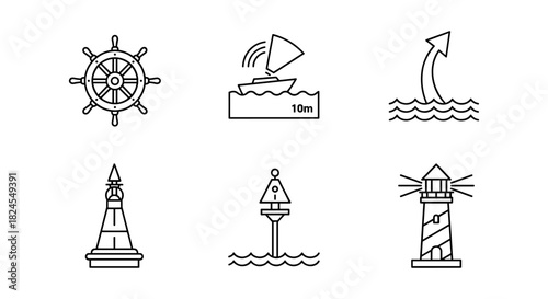 Nautical icons: helm, sailboat, arrow, buoy, lighthouse in linear style