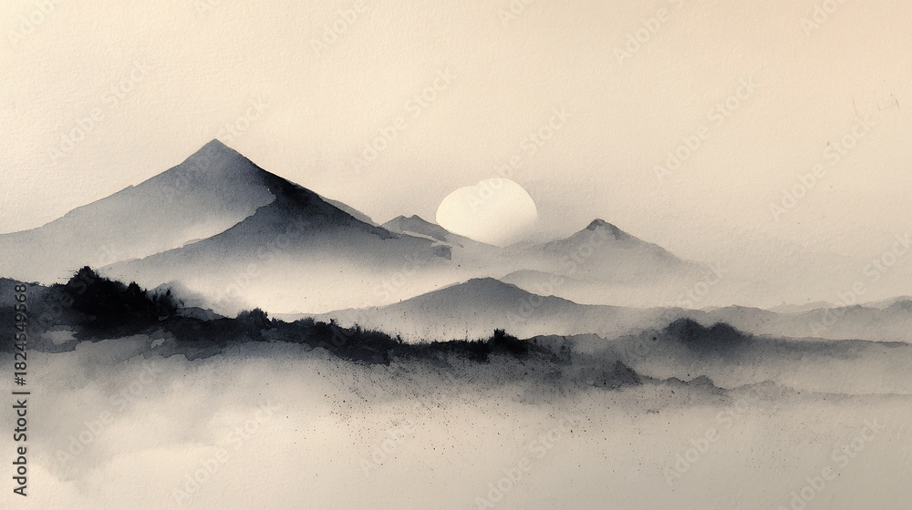 Obraz premium ink wash landscape with mountains and sun