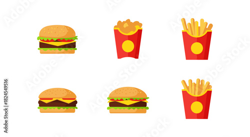 Fast food icon set: burgers and fries in flat design