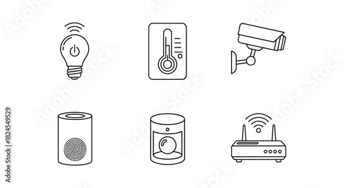 Smart home devices line icons: security, lighting, connectivity, and monitoring