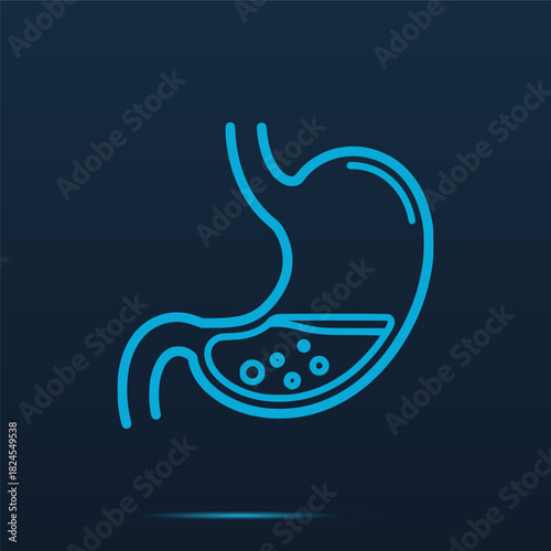 Anatomical Outline Icon Of Human Stomach Organ With Digestive Fluid And Bubbles Inside Representing Gastric Activity Or Acid Reflux Process In A Modern Healthcare Blue Line Art Design