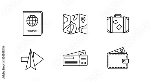 Travel essentials icons: passport, map, suitcase, airplane, tickets, wallet in linear style