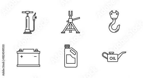 Minimalist icons of automotive tools and equipment for repair and maintenance