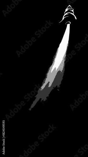 Graphic rocket launch, ascending with bright exhaust plume against a deep black background, symbolizing space exploration and ambition.