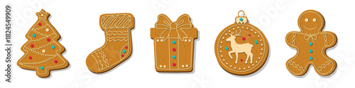 Christmas gingerbread cookies in festive holiday shapes. Cute flat winter biscuits and homemade style sweets isolated on white. Perfect for Christmas designs, cards, and seasonal decorations.