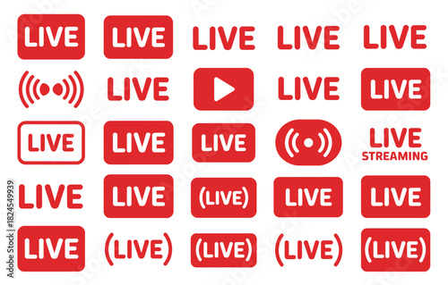 Red live streaming vector icons, including live stream labels, broadcast signs, online webinar badges, social media indicators, tv and movie templates for modern digital platforms.