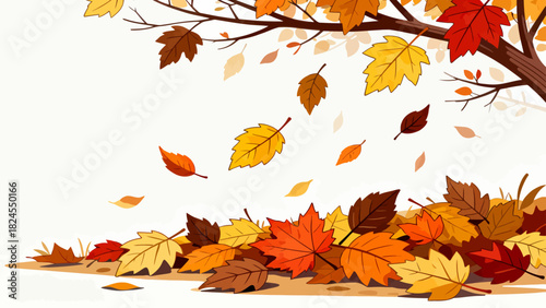 This vibrant autumn illustration features a forest floor covered in golden maple leaves, with falling foliage and tall trees, capturing the warm, serene beauty of the fall season.
